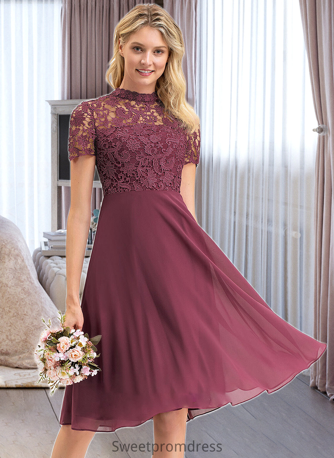 Ann A-Line Scoop Neck Knee-Length Chiffon Lace Bridesmaid Dress DHP0012836