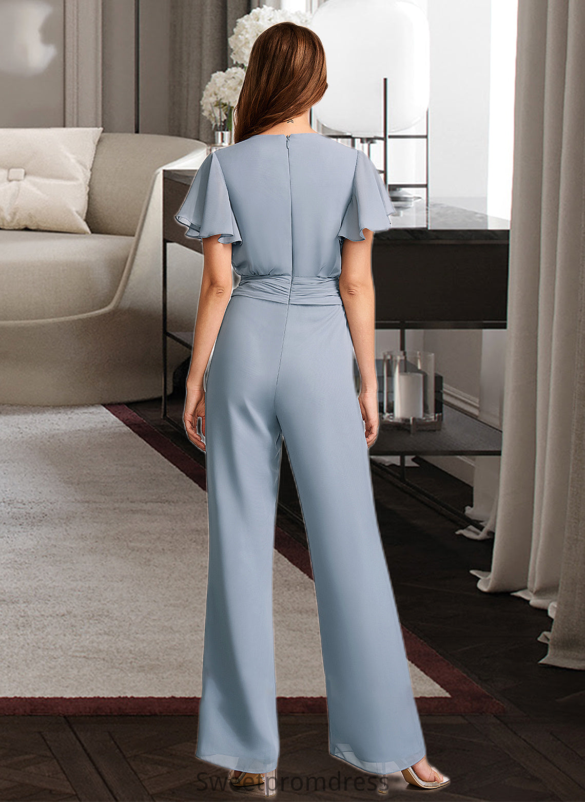 Arabella Jumpsuit/Pantsuit V-neck Floor-Length Bridesmaid Dress With Ruffle DHP0012837