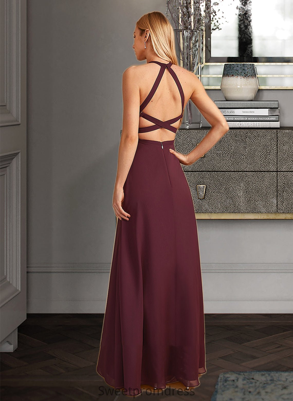 Kinley A-Line High Neck Floor-Length Bridesmaid Dress With Split Front DHP0012838