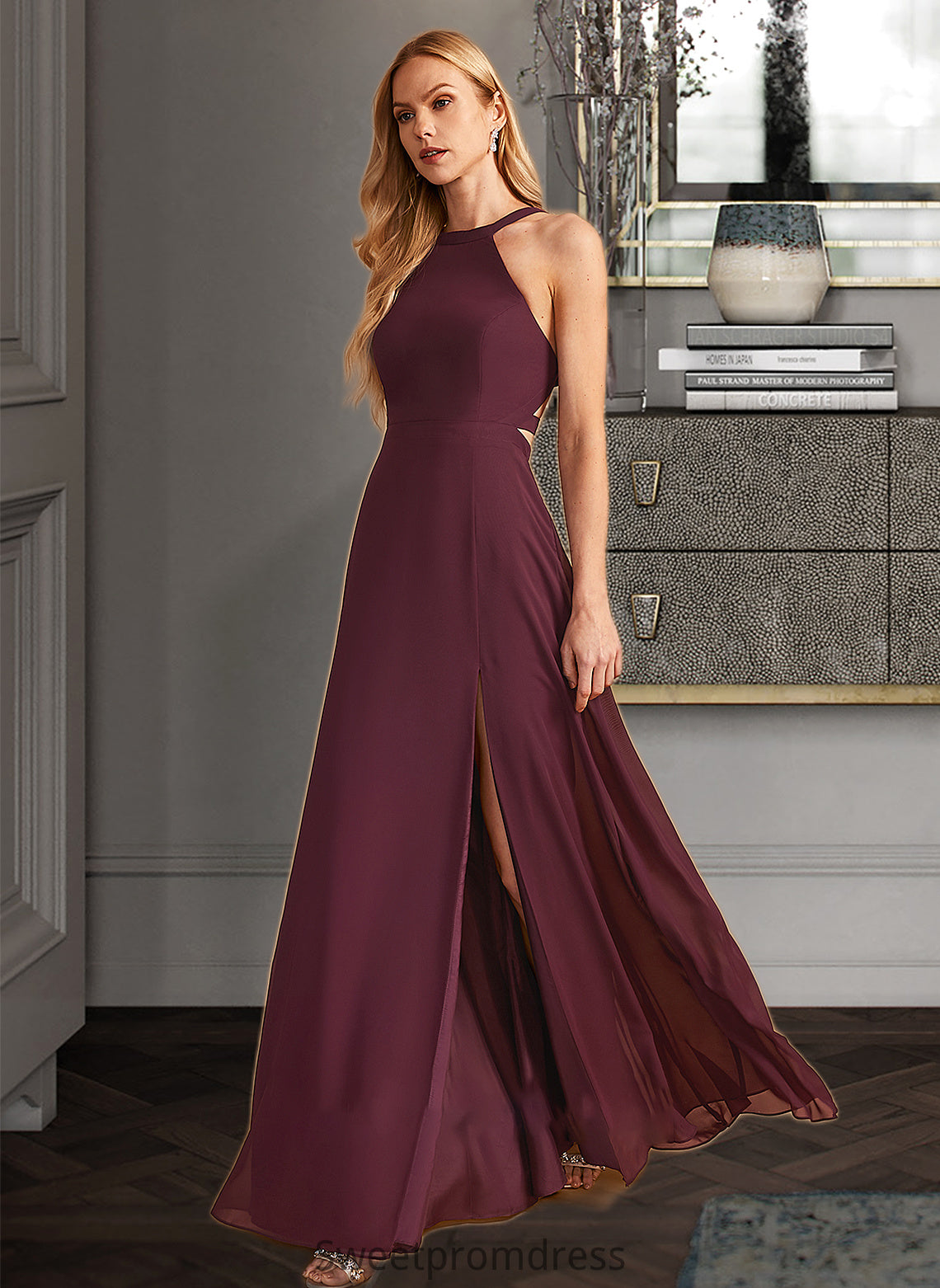 Kinley A-Line High Neck Floor-Length Bridesmaid Dress With Split Front DHP0012838