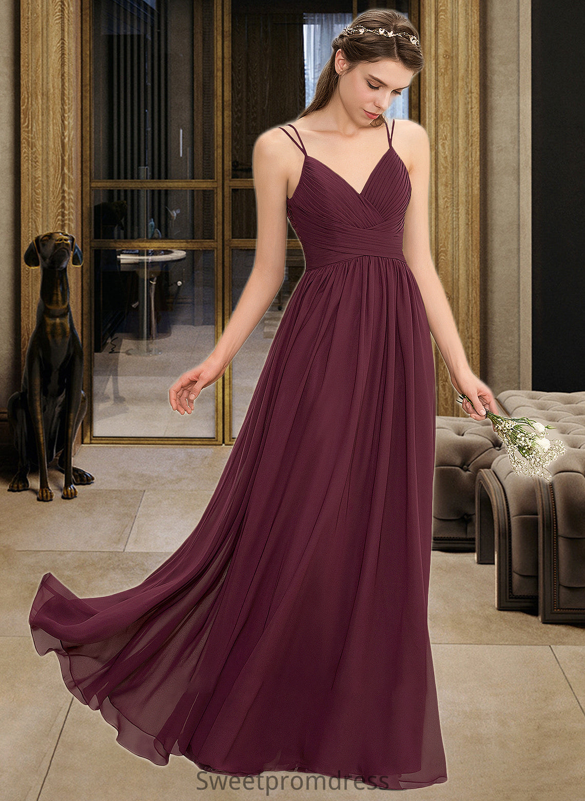 Kaylin A-line V-Neck Floor-Length Chiffon Lace Bridesmaid Dress With Ruffle DHP0012839