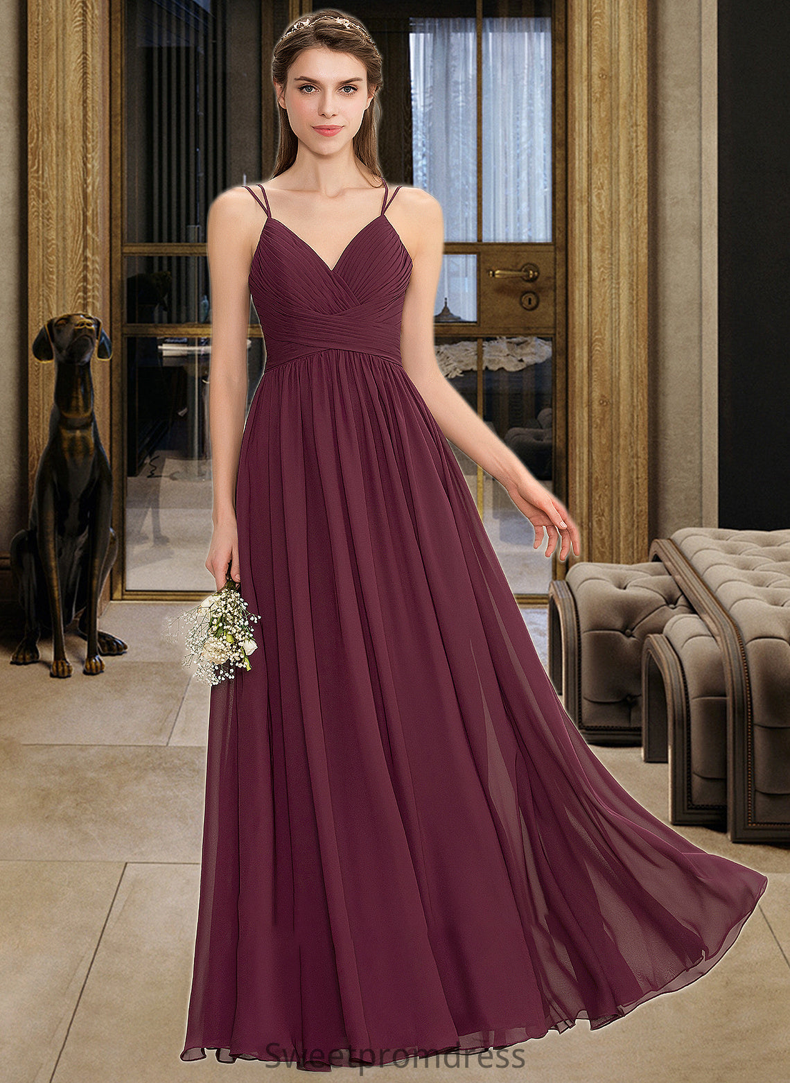 Kaylin A-line V-Neck Floor-Length Chiffon Lace Bridesmaid Dress With Ruffle DHP0012839