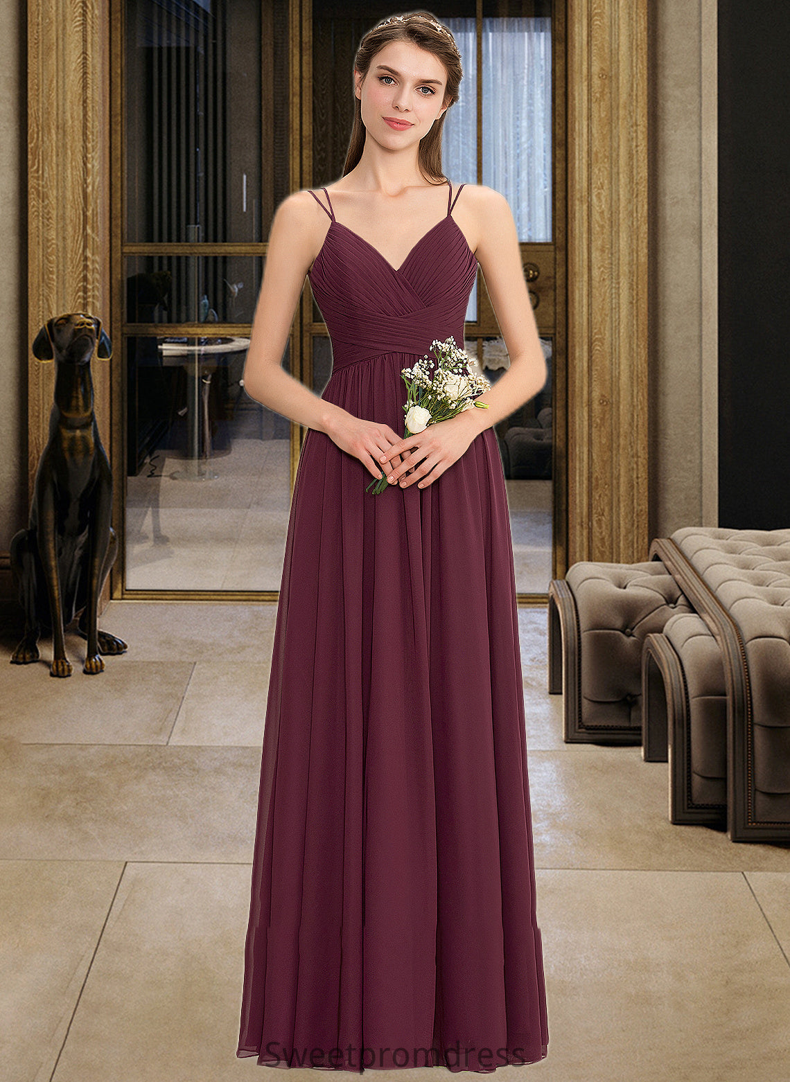 Kaylin A-line V-Neck Floor-Length Chiffon Lace Bridesmaid Dress With Ruffle DHP0012839