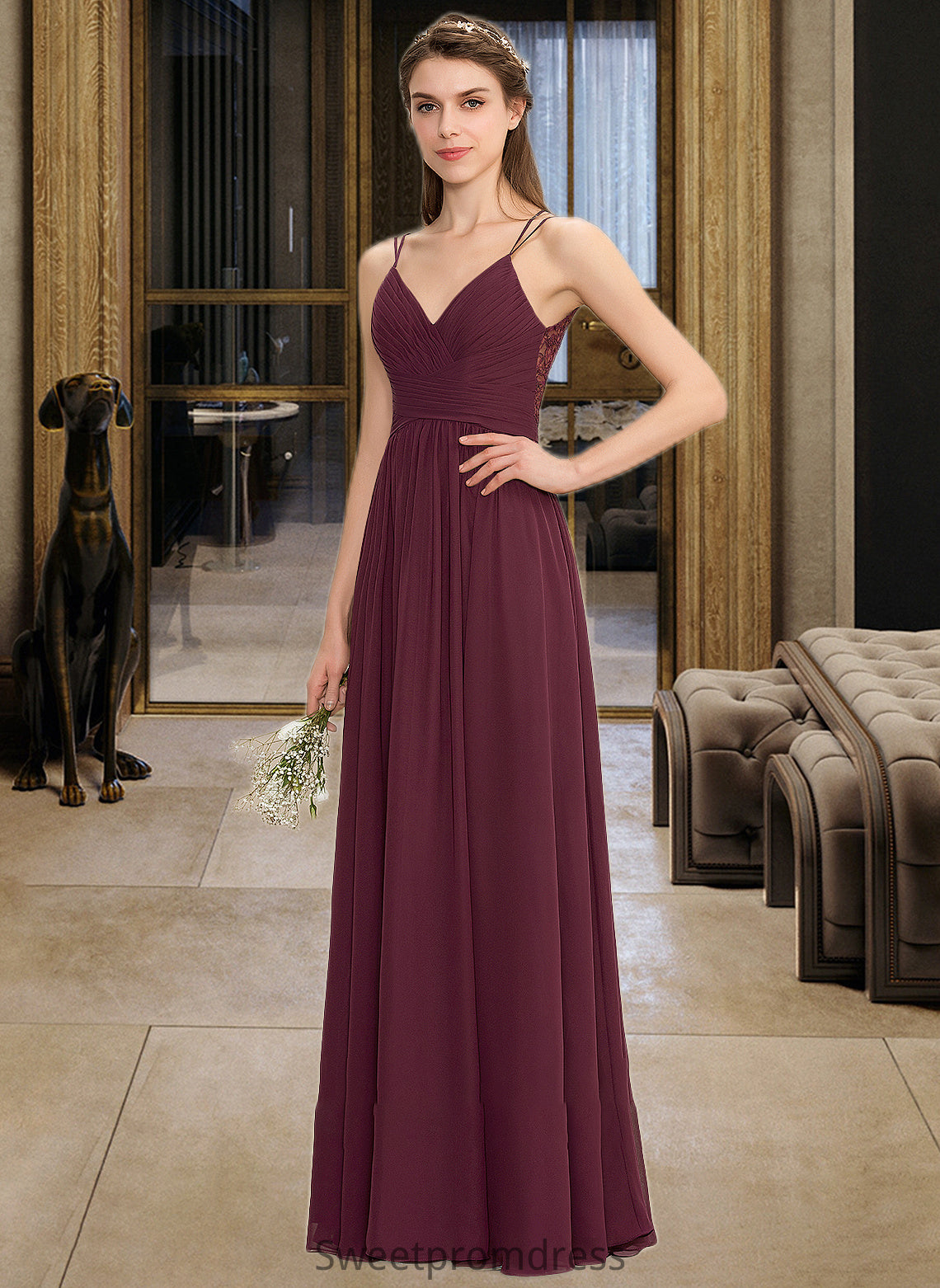 Kaylin A-line V-Neck Floor-Length Chiffon Lace Bridesmaid Dress With Ruffle DHP0012839