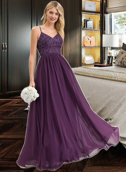 Vivian A-line V-Neck Floor-Length Chiffon Lace Bridesmaid Dress With Beading Sequins DHP0012840