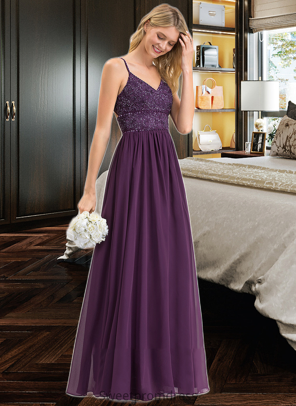 Vivian A-line V-Neck Floor-Length Chiffon Lace Bridesmaid Dress With Beading Sequins DHP0012840