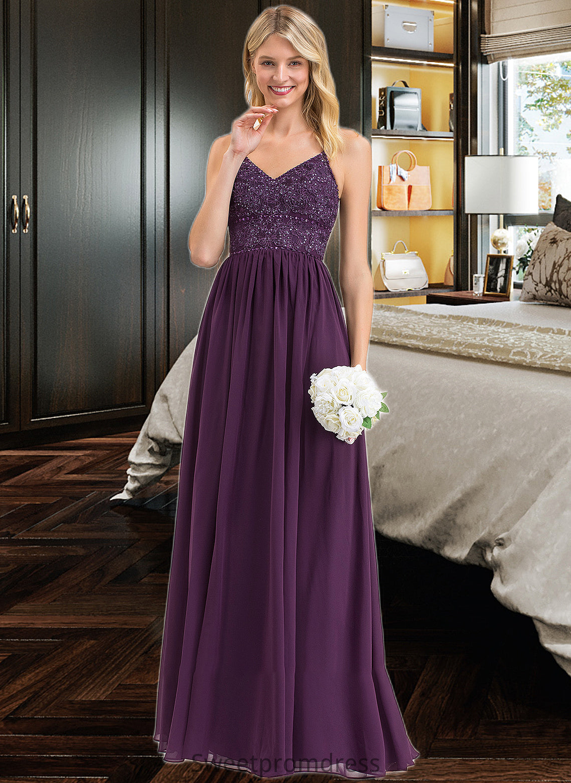 Vivian A-line V-Neck Floor-Length Chiffon Lace Bridesmaid Dress With Beading Sequins DHP0012840