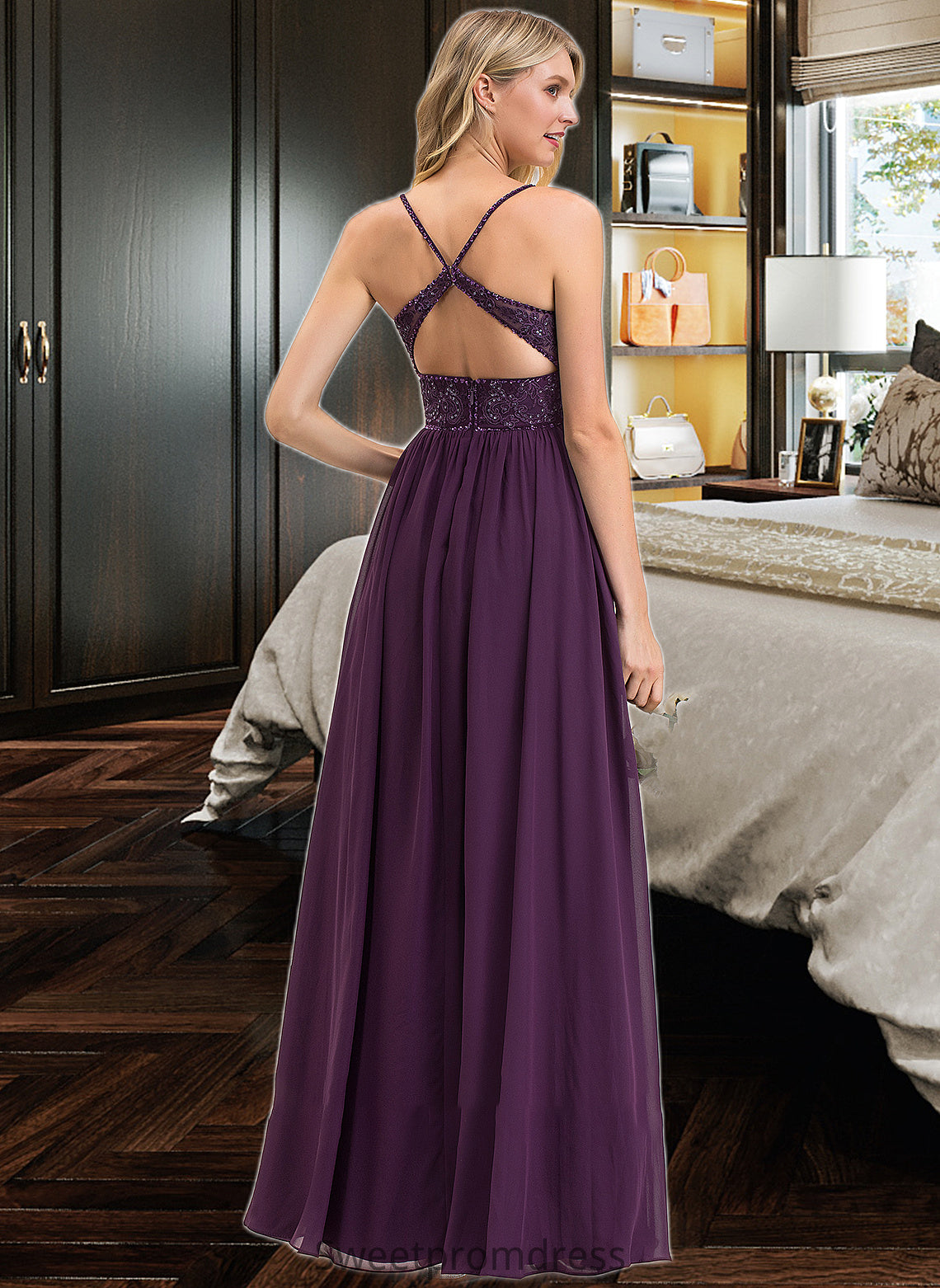 Vivian A-line V-Neck Floor-Length Chiffon Lace Bridesmaid Dress With Beading Sequins DHP0012840