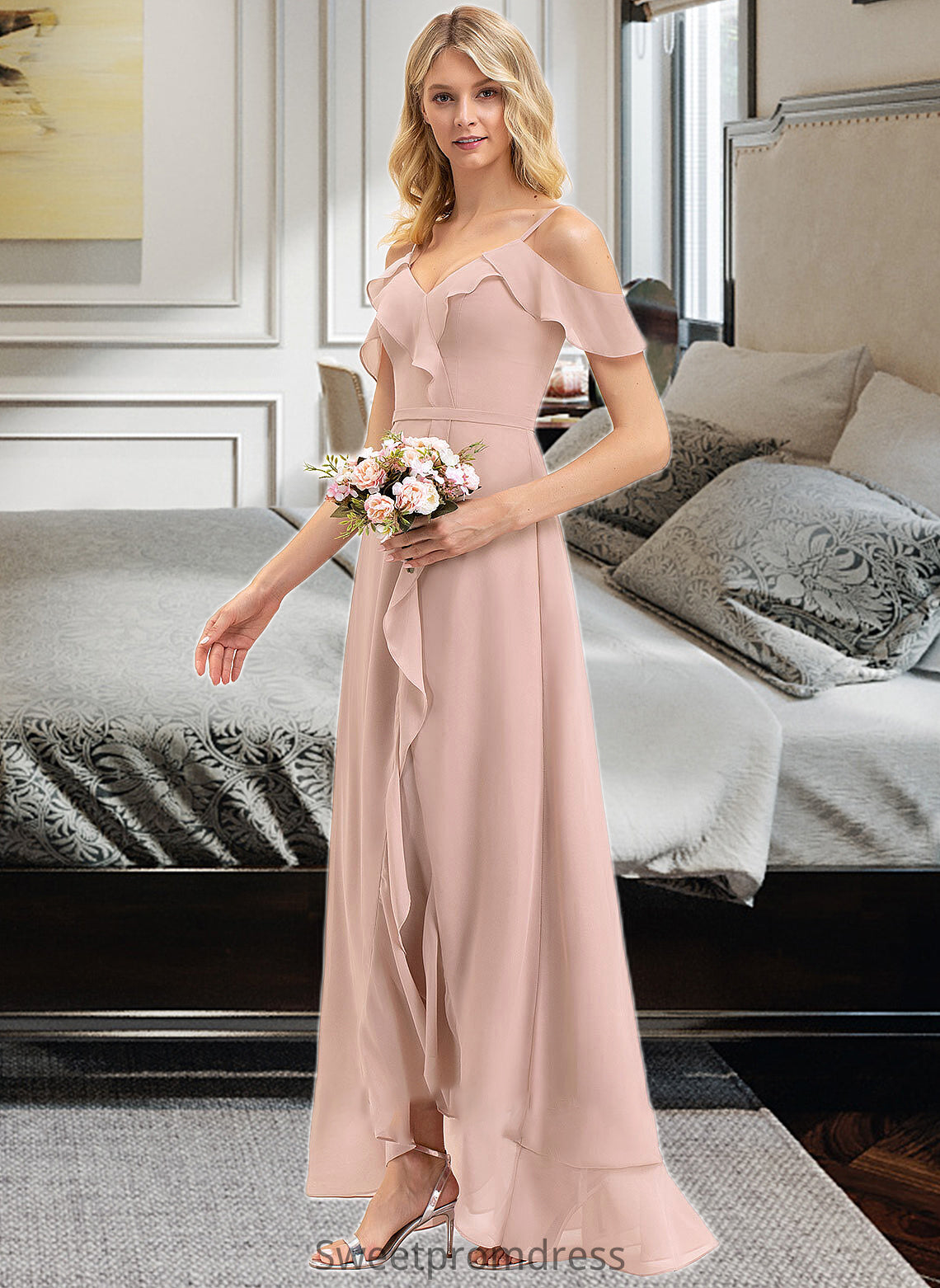 Leticia A-line V-Neck Asymmetrical Chiffon Bridesmaid Dress With Cascading Ruffles DHP0012841