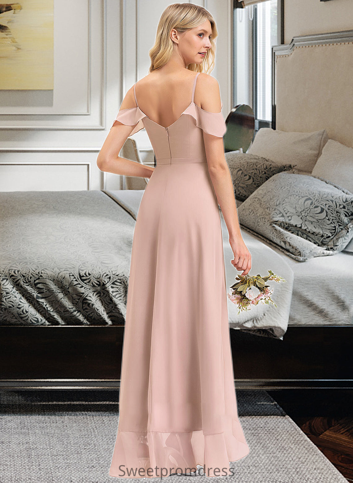 Leticia A-line V-Neck Asymmetrical Chiffon Bridesmaid Dress With Cascading Ruffles DHP0012841