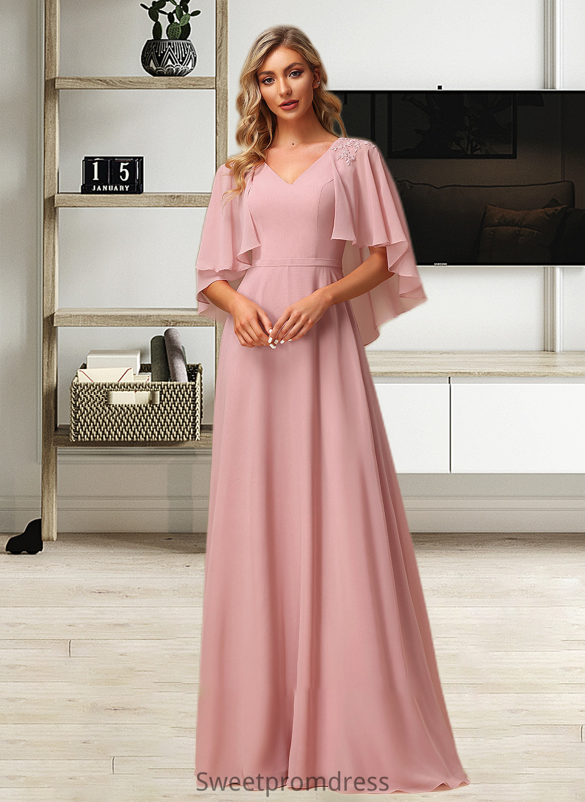 Miah A-Line V-neck Floor-Length Bridesmaid Dress With Lace DHP0012842