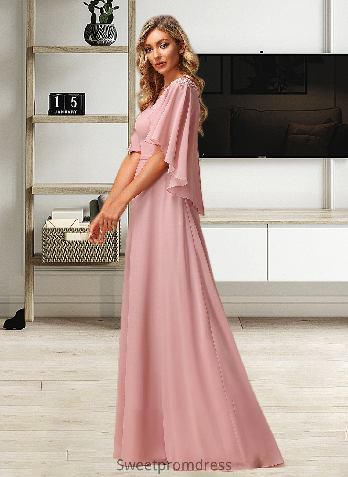 Miah A-Line V-neck Floor-Length Bridesmaid Dress With Lace DHP0012842