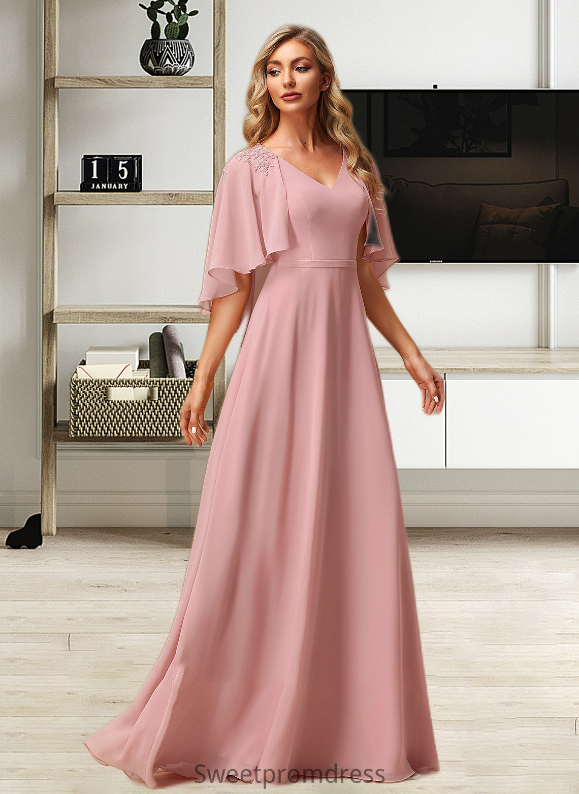 Miah A-Line V-neck Floor-Length Bridesmaid Dress With Lace DHP0012842