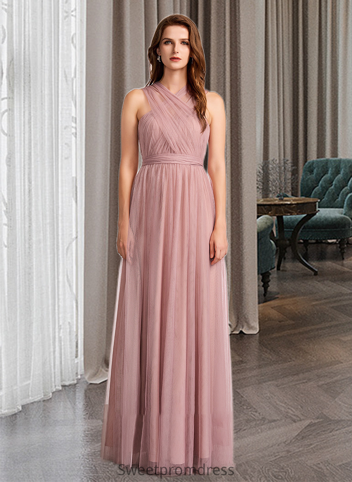 Sonia A-Line One-Shoulder V-neck Off-the-Shoulder Floor-Length Bridesmaid Dress DHP0012843