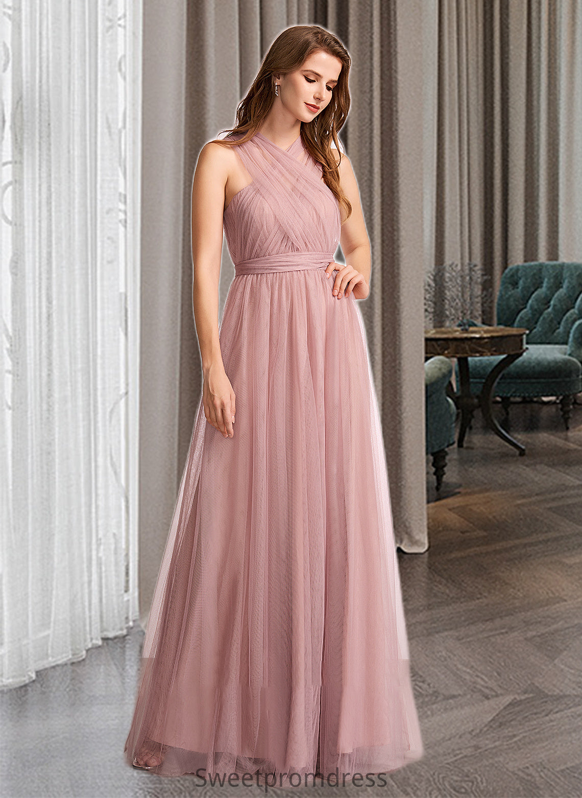 Sonia A-Line One-Shoulder V-neck Off-the-Shoulder Floor-Length Bridesmaid Dress DHP0012843