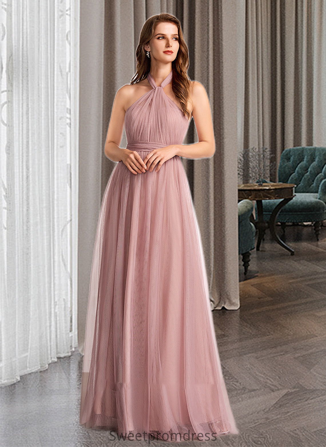 Sonia A-Line One-Shoulder V-neck Off-the-Shoulder Floor-Length Bridesmaid Dress DHP0012843