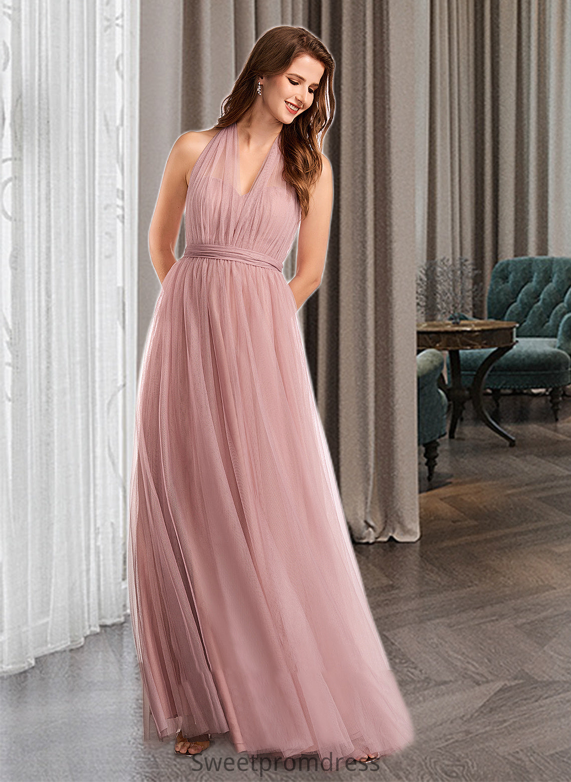 Sonia A-Line One-Shoulder V-neck Off-the-Shoulder Floor-Length Bridesmaid Dress DHP0012843