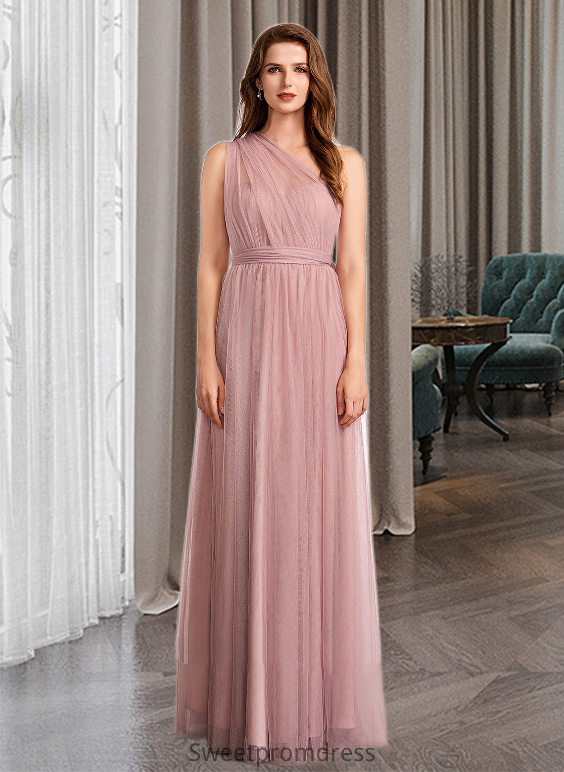 Sonia A-Line One-Shoulder V-neck Off-the-Shoulder Floor-Length Bridesmaid Dress DHP0012843