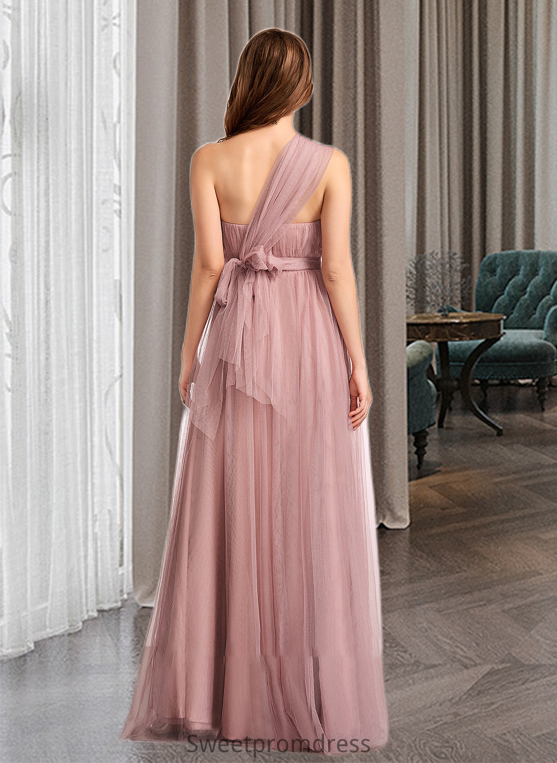 Sonia A-Line One-Shoulder V-neck Off-the-Shoulder Floor-Length Bridesmaid Dress DHP0012843