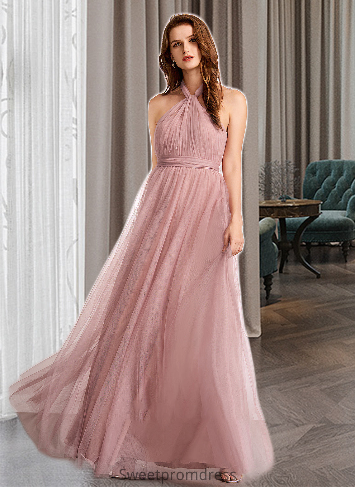 Sonia A-Line One-Shoulder V-neck Off-the-Shoulder Floor-Length Bridesmaid Dress DHP0012843