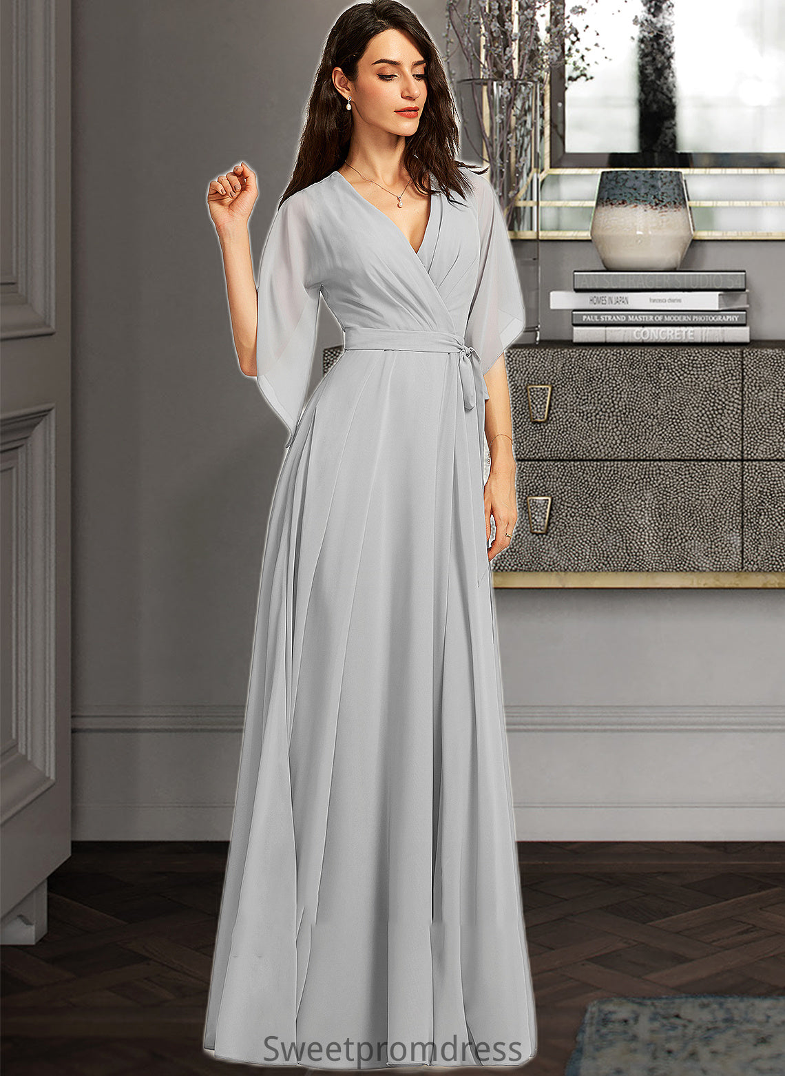 Isis A-Line V-neck Floor-Length Bridesmaid Dress With Ruffle Split Front DHP0012844