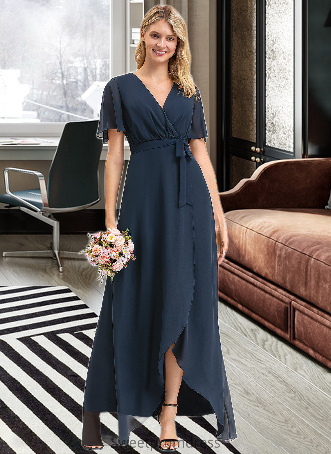 Charlie A-LineV-neckAsymmetricalChiffonBridesmaidDressWithBow(s)#251390 DHP0012846