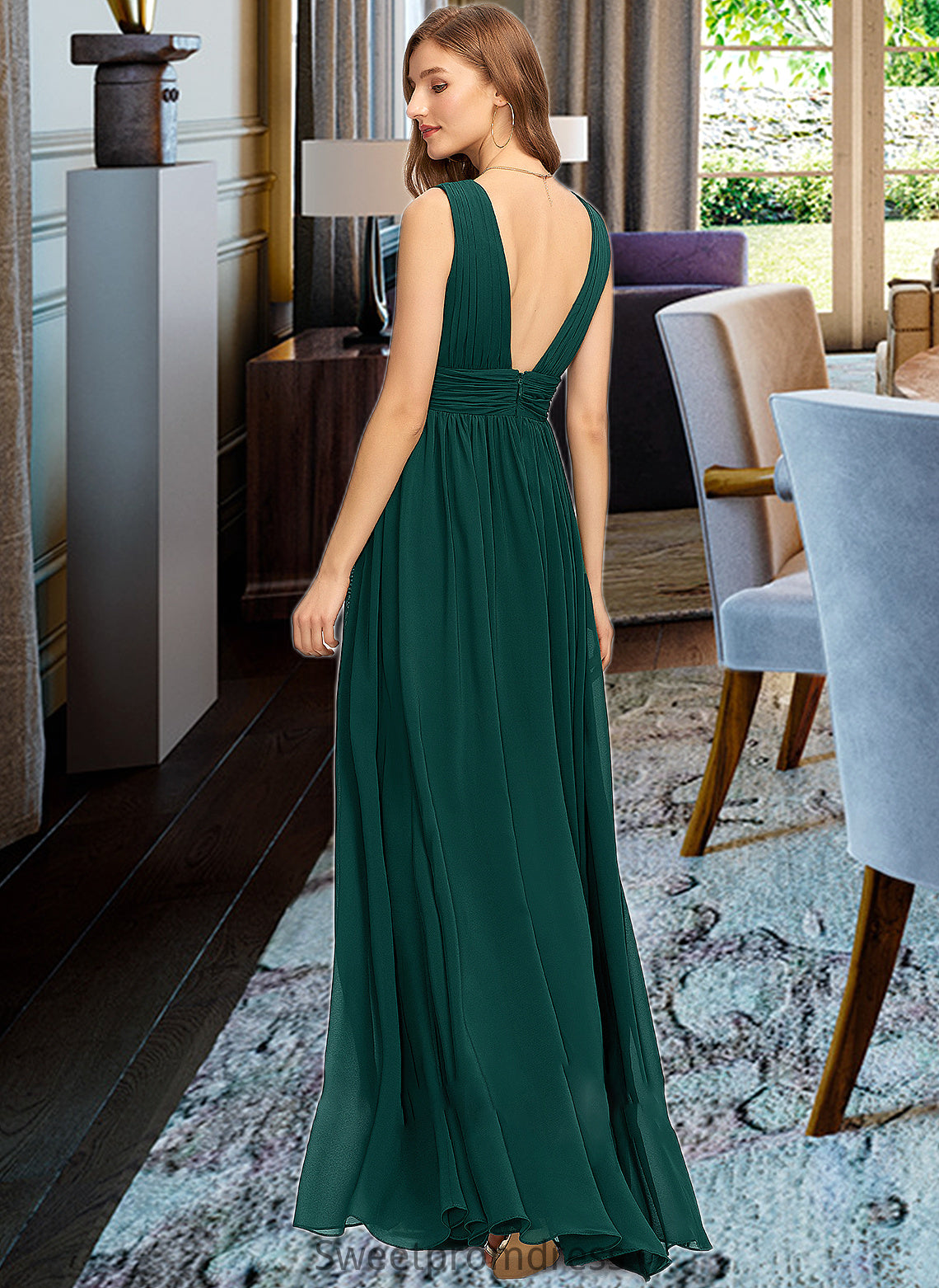 Tracy A-Line V-neck Floor-Length Chiffon Bridesmaid Dress With Split Front DHP0012847