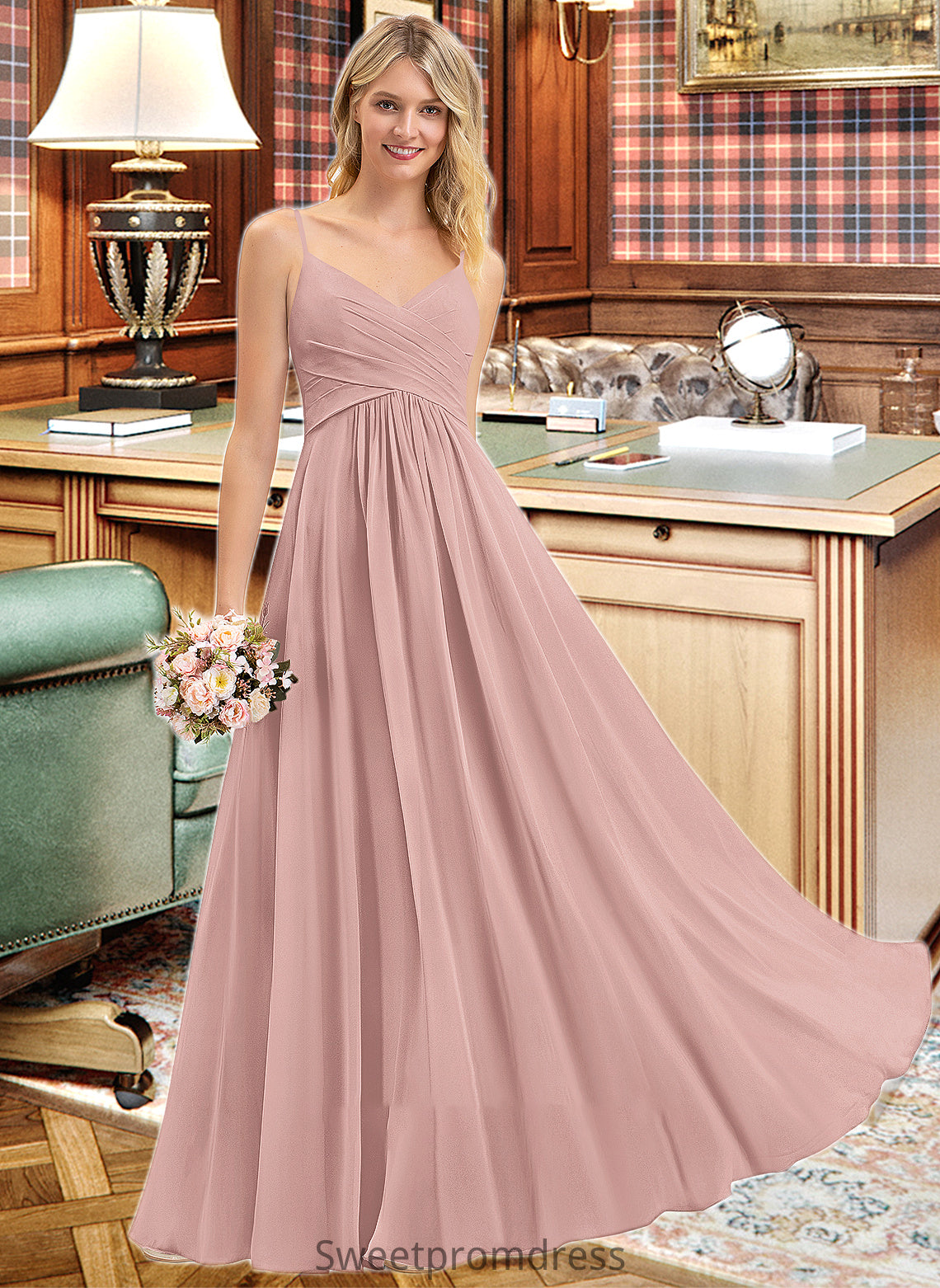 Makayla A-LineV-neckFloor-LengthChiffonBridesmaidDressWithRuffle#251358 DHP0012849