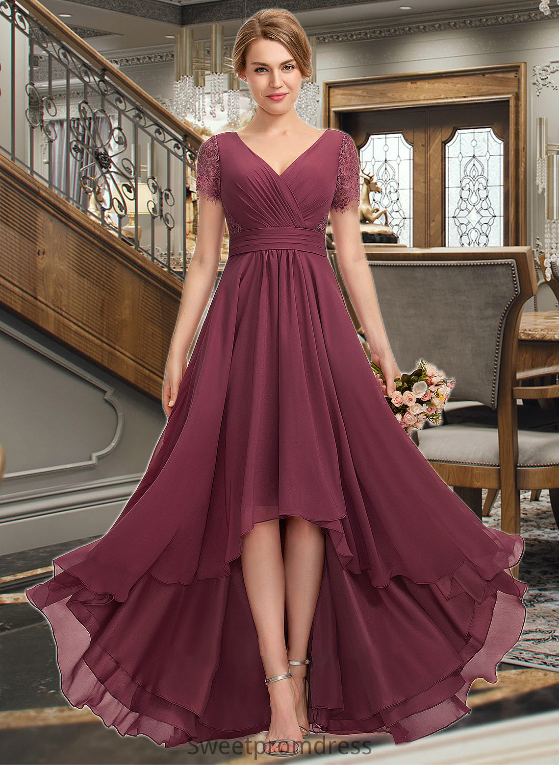 Evelyn A-Line V-neck Asymmetrical Chiffon Lace Bridesmaid Dress With Ruffle DHP0012850