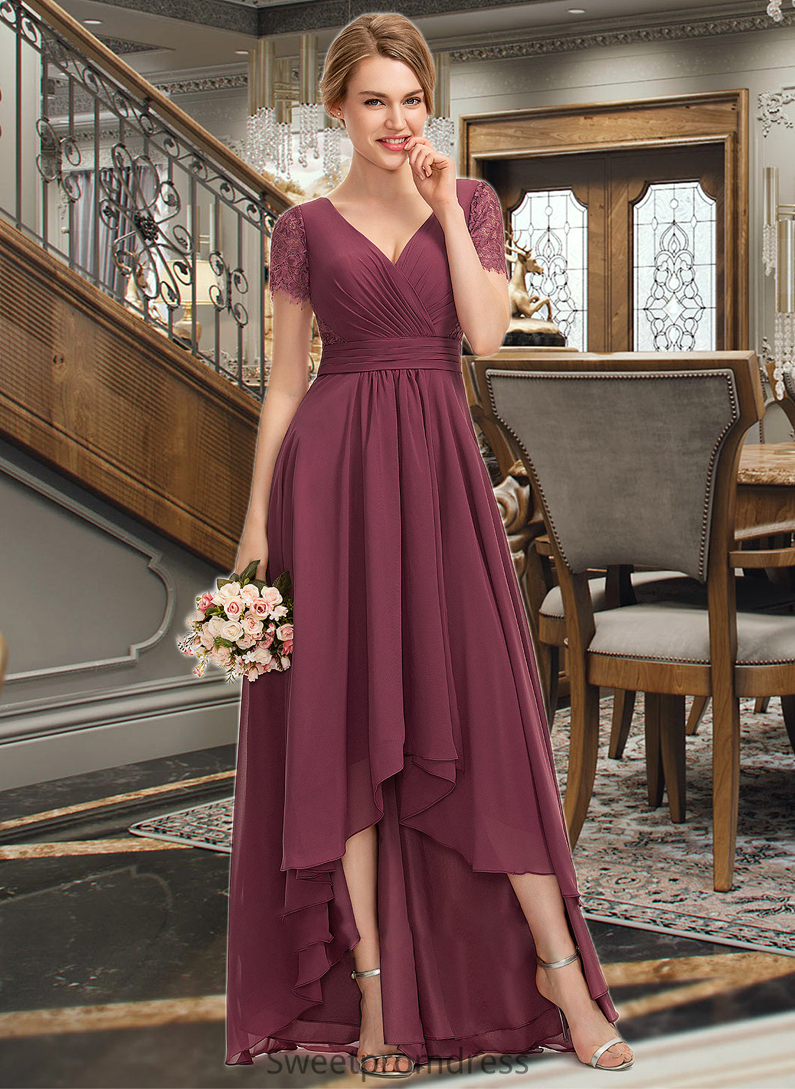 Evelyn A-Line V-neck Asymmetrical Chiffon Lace Bridesmaid Dress With Ruffle DHP0012850