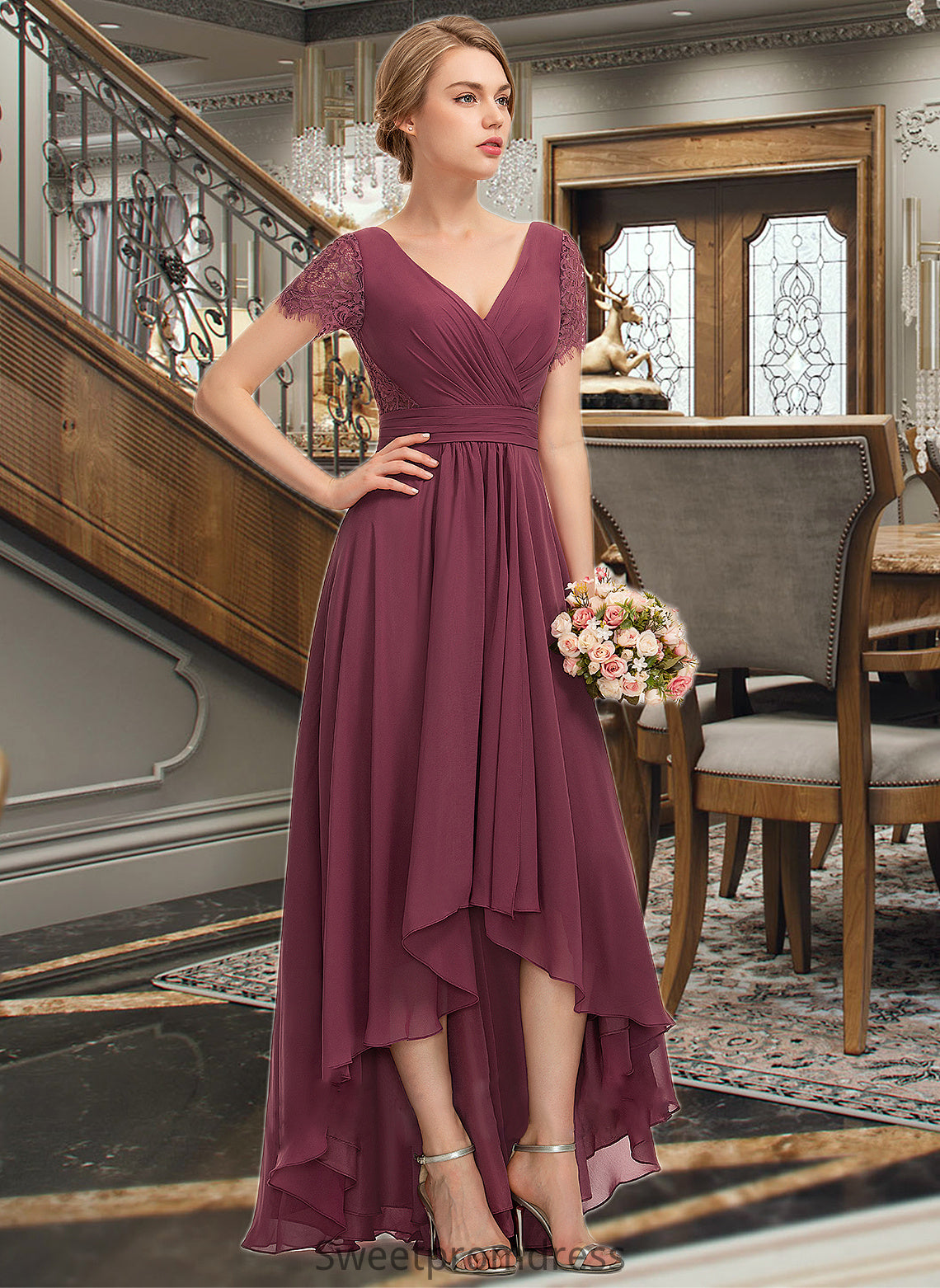 Evelyn A-Line V-neck Asymmetrical Chiffon Lace Bridesmaid Dress With Ruffle DHP0012850