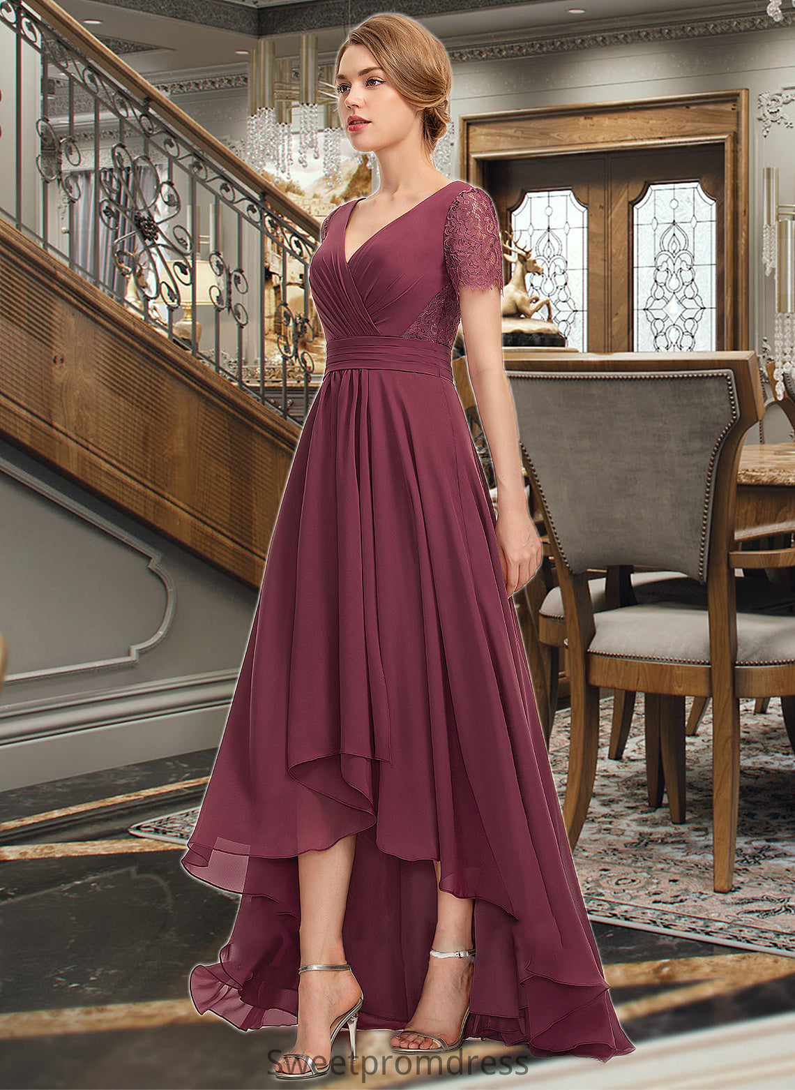 Evelyn A-Line V-neck Asymmetrical Chiffon Lace Bridesmaid Dress With Ruffle DHP0012850