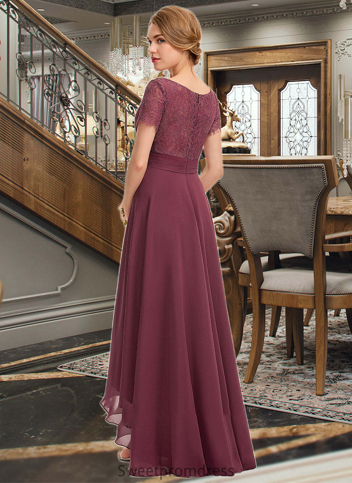 Evelyn A-Line V-neck Asymmetrical Chiffon Lace Bridesmaid Dress With Ruffle DHP0012850