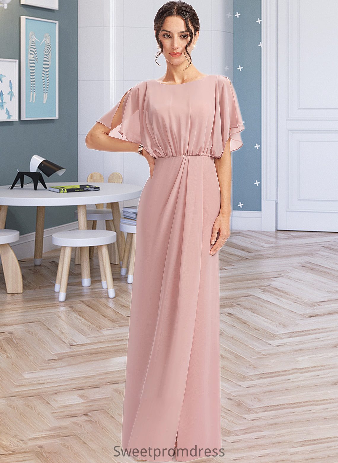 Justine Sheath/Column Floor-Length Bridesmaid Dress With Split Front DHP0012851