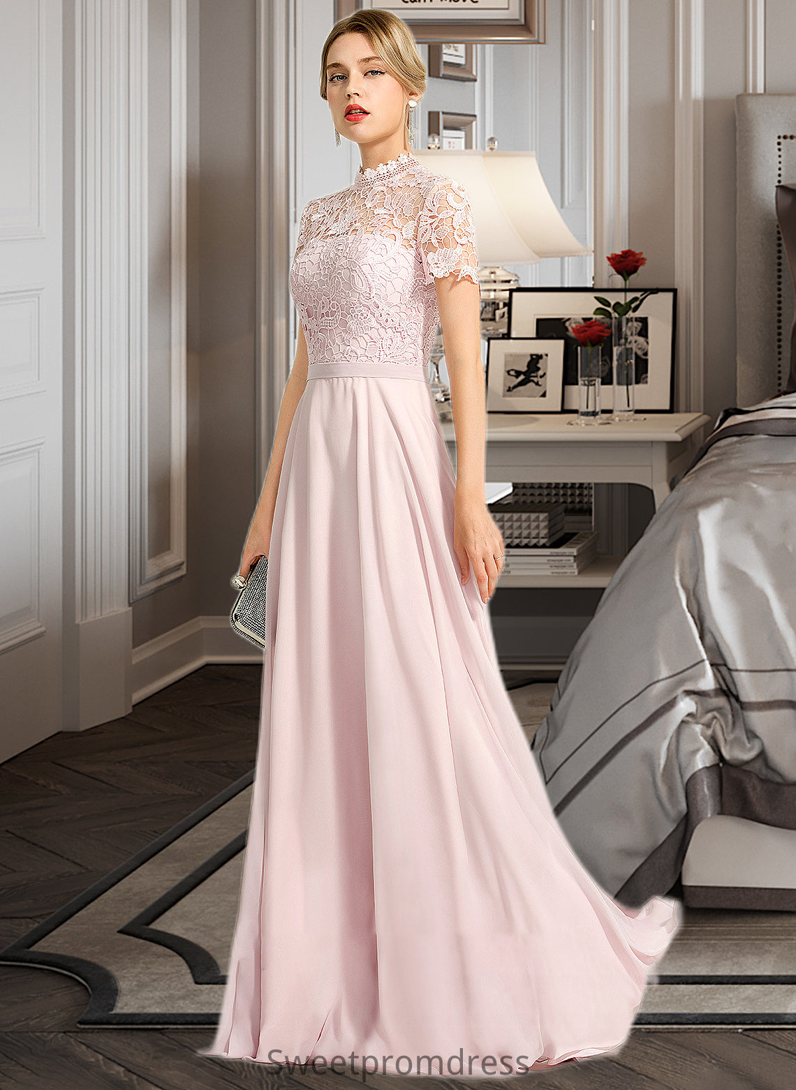 Sydney A-Line High Neck Floor-Length Chiffon Bridesmaid Dress With Sequins DHP0012852