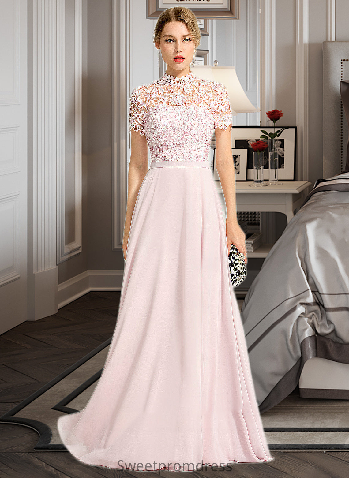 Sydney A-Line High Neck Floor-Length Chiffon Bridesmaid Dress With Sequins DHP0012852