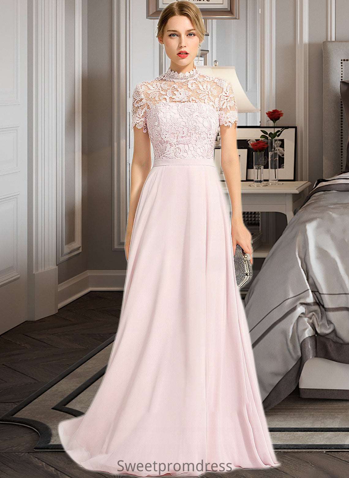 Sydney A-Line High Neck Floor-Length Chiffon Bridesmaid Dress With Sequins DHP0012852