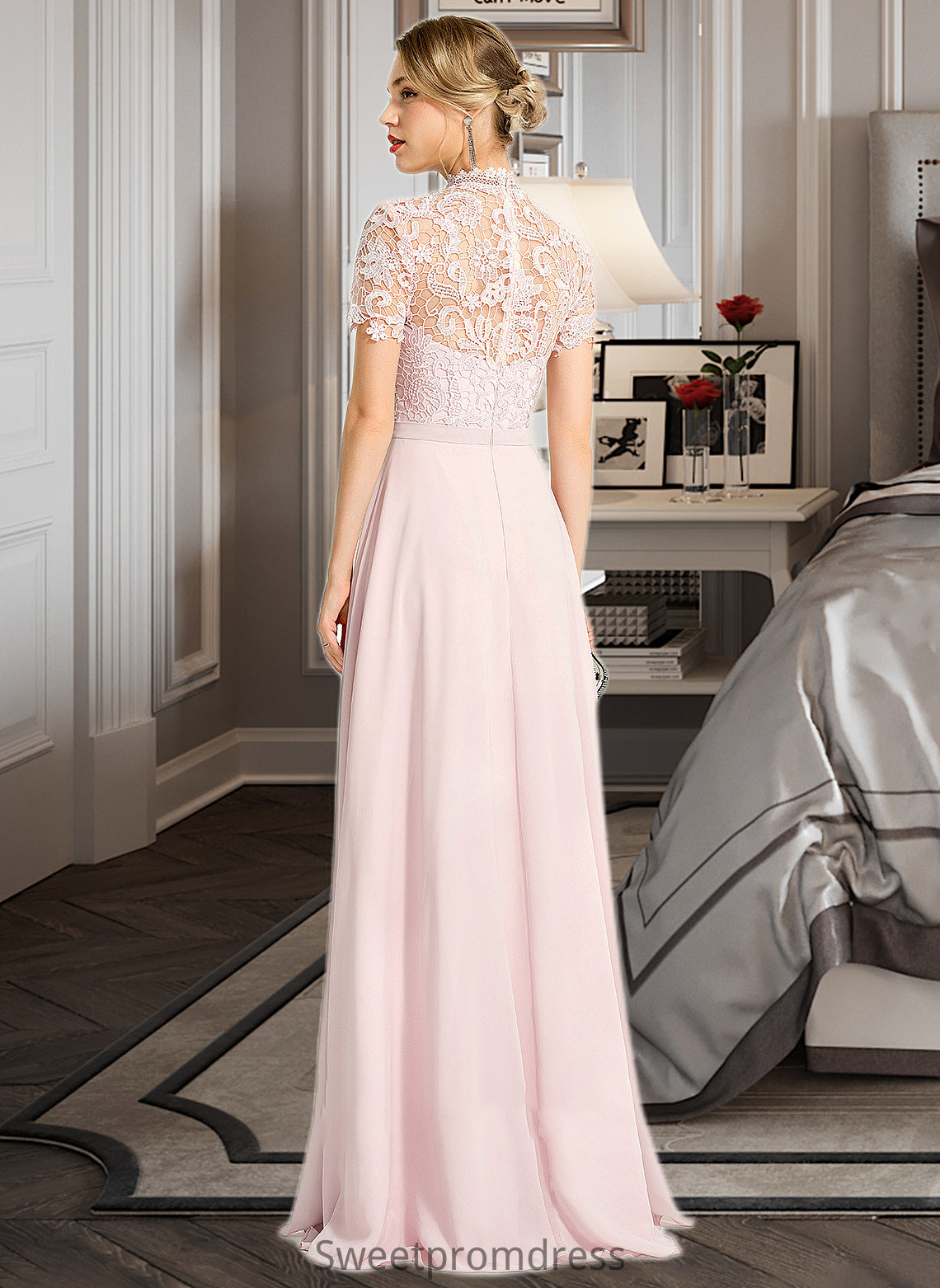 Sydney A-Line High Neck Floor-Length Chiffon Bridesmaid Dress With Sequins DHP0012852