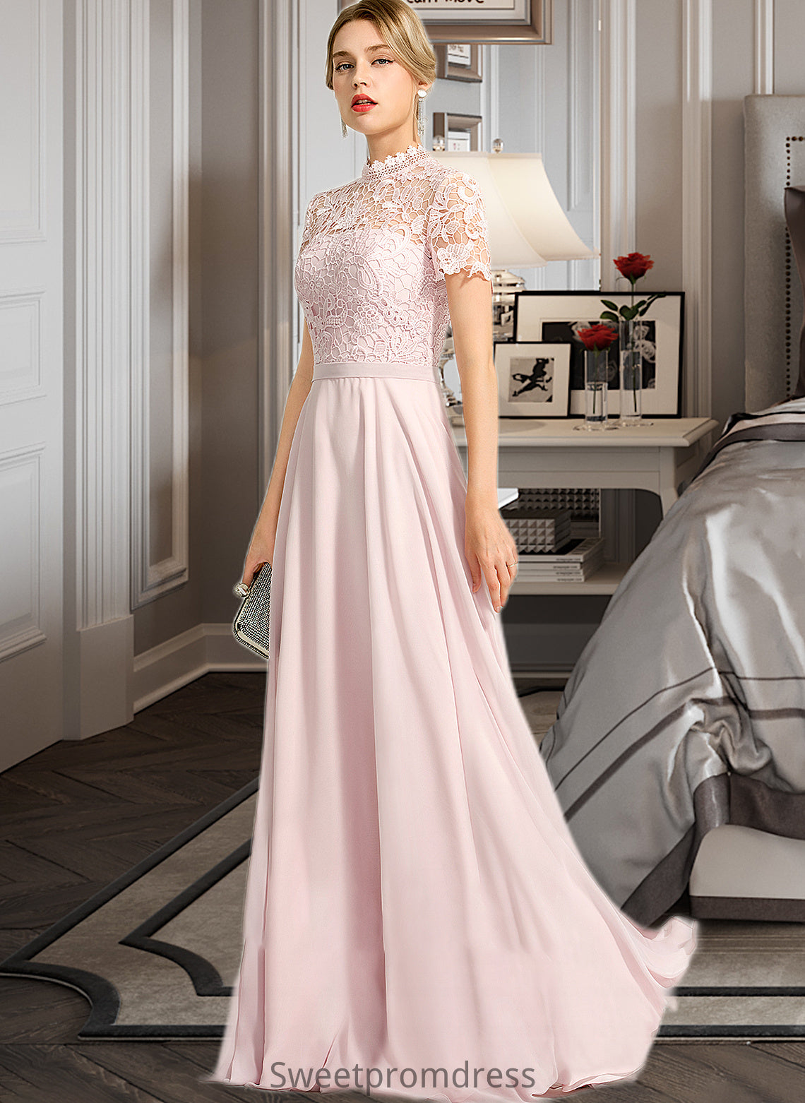 Sydney A-Line High Neck Floor-Length Chiffon Bridesmaid Dress With Sequins DHP0012852