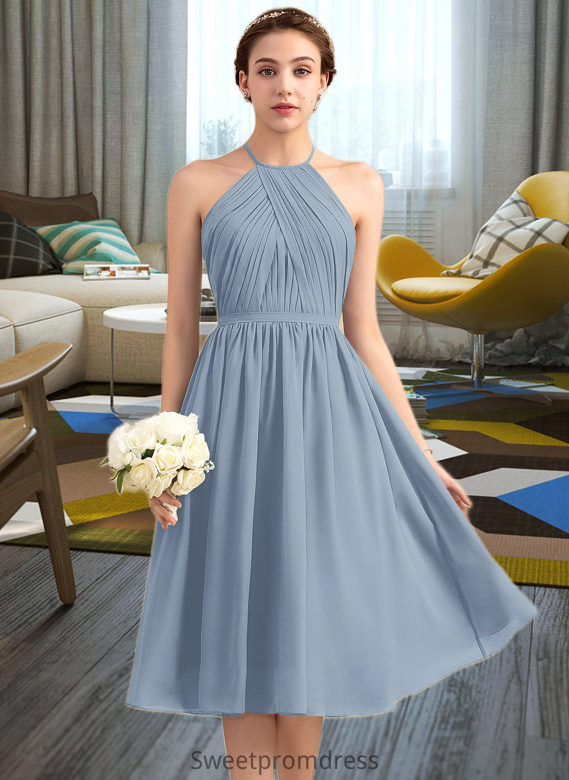 Jenna A-Line Scoop Neck Knee-Length Chiffon Bridesmaid Dress With Ruffle DHP0012853