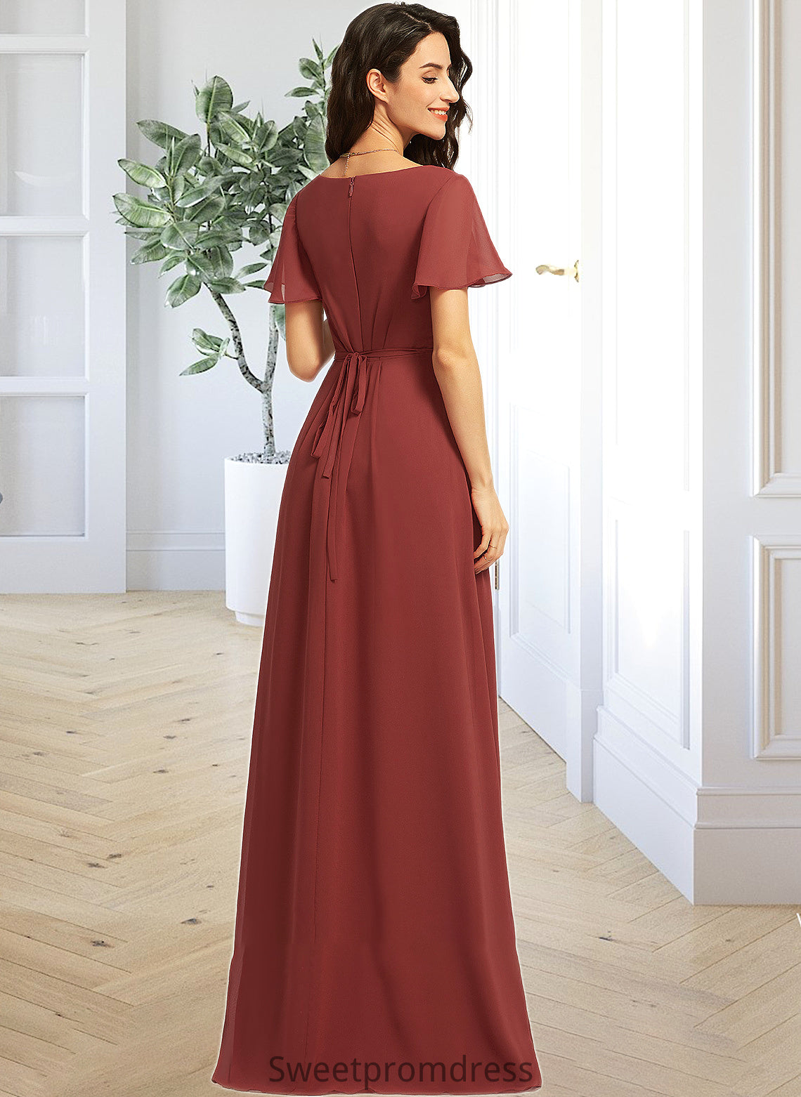 Aylin A-Line V-neck Floor-Length Bridesmaid Dress With Split Front DHP0012856