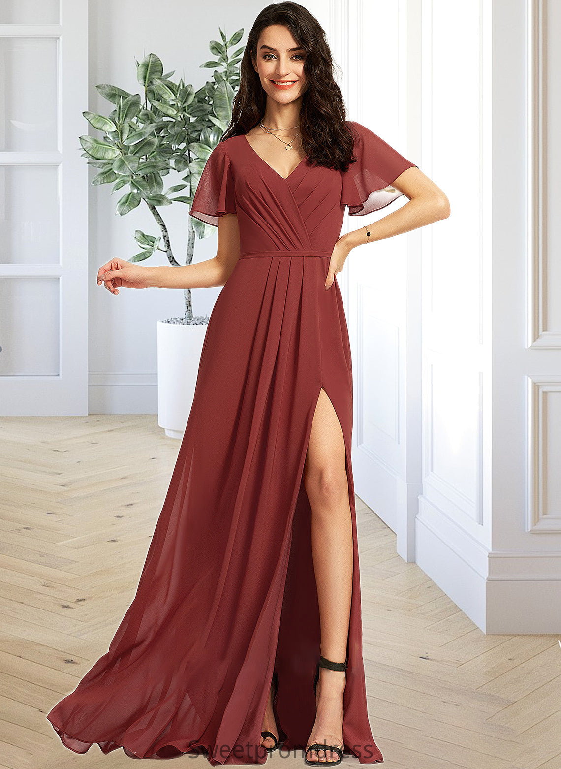 Aylin A-Line V-neck Floor-Length Bridesmaid Dress With Split Front DHP0012856