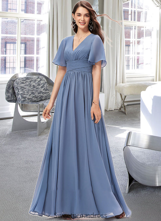 Alondra A-line V-Neck Floor-Length Chiffon Bridesmaid Dress With Ruffle DHP0012857