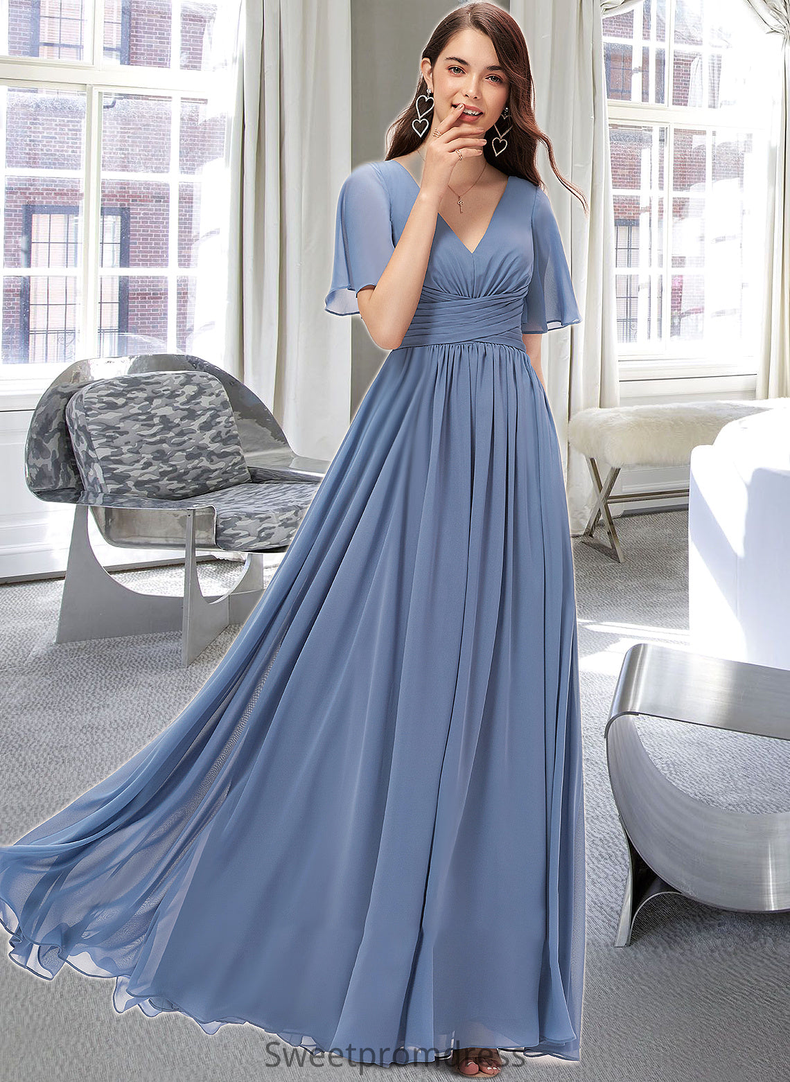 Alondra A-line V-Neck Floor-Length Chiffon Bridesmaid Dress With Ruffle DHP0012857