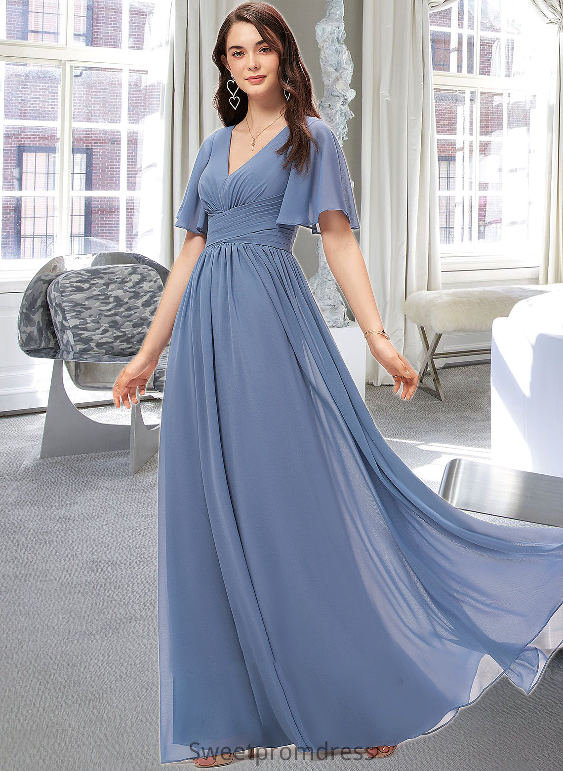 Alondra A-line V-Neck Floor-Length Chiffon Bridesmaid Dress With Ruffle DHP0012857