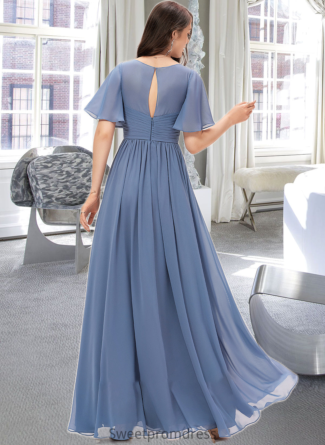 Alondra A-line V-Neck Floor-Length Chiffon Bridesmaid Dress With Ruffle DHP0012857