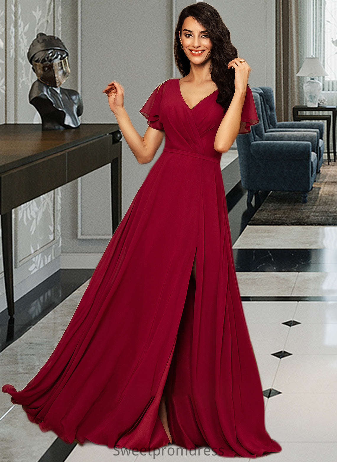 Jeanie A-line V-Neck Floor-Length Chiffon Bridesmaid Dress DHP0012858