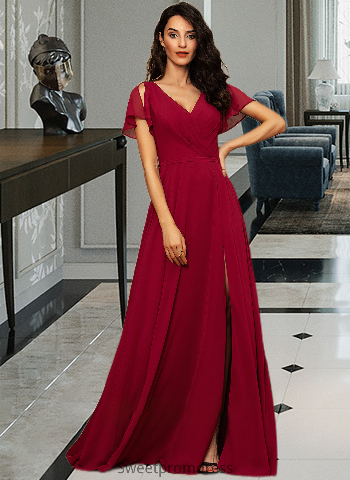 Jeanie A-line V-Neck Floor-Length Chiffon Bridesmaid Dress DHP0012858