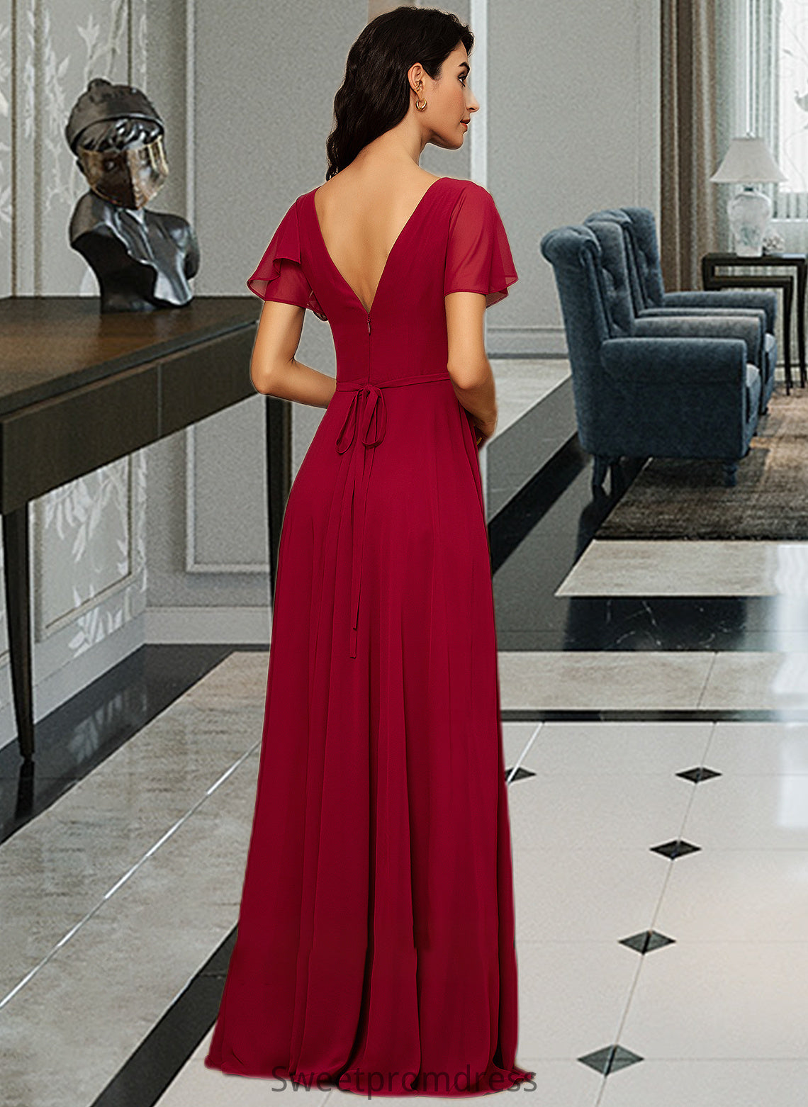 Jeanie A-line V-Neck Floor-Length Chiffon Bridesmaid Dress DHP0012858