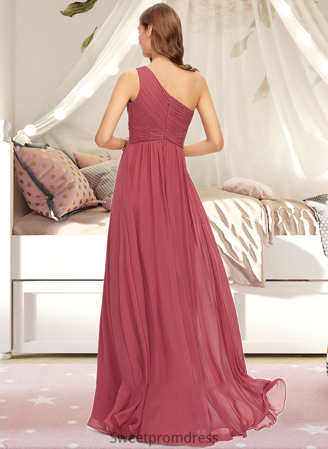 Nyla A-line One Shoulder Floor-Length Chiffon Bridesmaid Dress With Ruffle DHP0012860